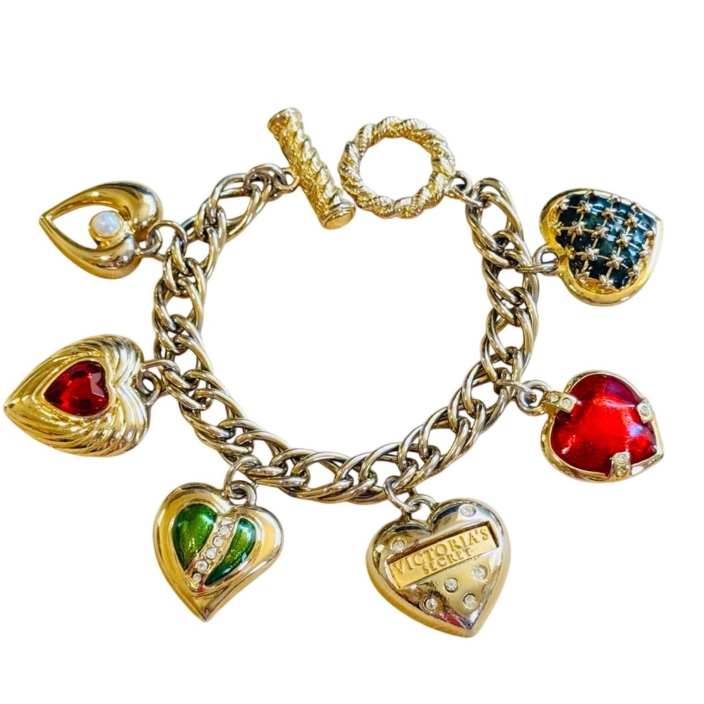 Victoria's Secret Heart Charm Bracelet Toggle Gold Plated Chunky Y2k Statement